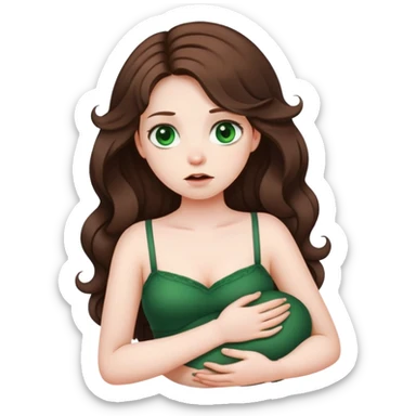 Girl with curled brown long length hair and very dark green eyes with belly ache sticker