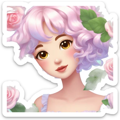Gorgeous pastel shiny pearly colorful anime style lady with blushing face and roses leaves shiny cottagecore fairycore aesthetic trending style sticker