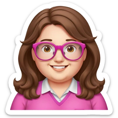 chubby English teacher face, long wavy brown hair, pink glasses, happy, gamer sticker