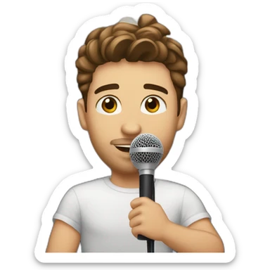  men with brown hair and light skin with microphone stand in front of him with show spotlights on a stage and many lights and spotlights on a raised stage sticker