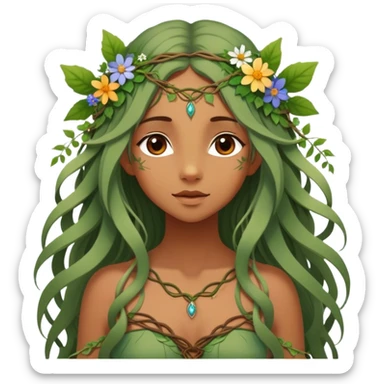 Cinematic Realistic Forest Nymph Fairy Portrait, depicted with lifelike, sun-kissed tanned skin that radiates an earthy glow, softly illuminated by natural, dappled light. Her long, flowing hair is intricately detailed and interwoven with delicate vines and wildflowers, while her deep, soulful eyes mirror the wisdom of the forest. Dressed in an attire inspired by nature’s palette—with subtle botanical motifs—the portrait exudes a soft, enchanted glow that melds realism with woodland magic. sticker