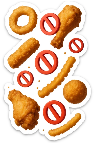 cibi fritti cadono verticalmente dall'alto con piccoli divieti in 3d, iperrealistico 4k sticker