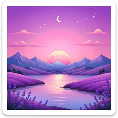 Shiny pastel rose-pink-lavender-violent-gradient moon sunset aesthetic realistic real life scenery landscape sticker