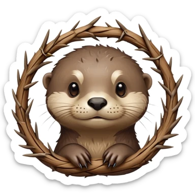 cute otter portrait with thin horizontal thorny branch circling only the forehead, exactly like Jesus Christ's Crown of thorns, no crown shape on top, no metal, just a single wooden thorny stem wrapped horizontally sticker