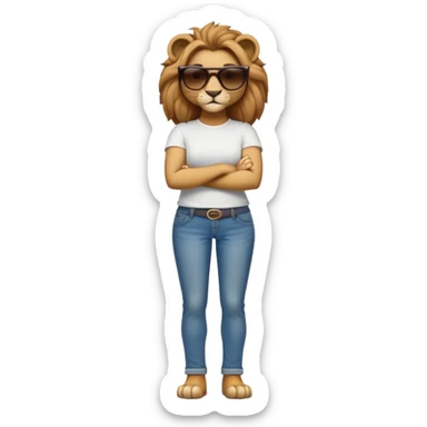 friendly anthropomorphised female lion character, full body, standing confidently with legs shoulder width apart and arms folded, wearing jeans, a white t-shirt, and dark sunglasses, with a confident smile sticker