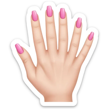  pink  close-up of a human hand with exactly five fingers, beautifully manicured nails, glossy pink nail polish, elegant nail shape, soft lighting, realistic style, isolated on transparent background" sticker