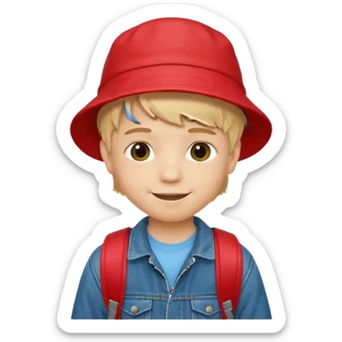 A little boy student, blonde hair, with red bucket hat, jean jacket, backpack sticker