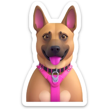 Add a pink harness, pink muzzle, and pink collar to the Belgian Malinois dog, keeping the 3D emoji iOS 18 style sticker