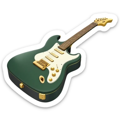 minimalist electric guitar in dark green, closed inside a black rectangular hard case with gold latches, soft matte textures, simplified details, ready-to-play symbol sticker