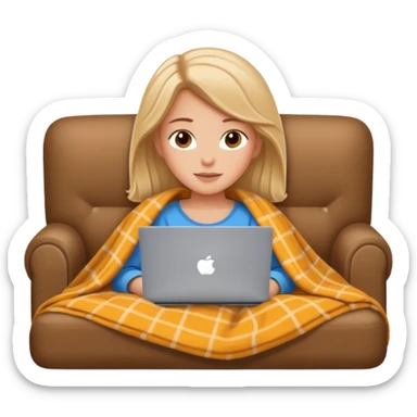 A white girl lies on a sofa under a blanket with a laptop sticker