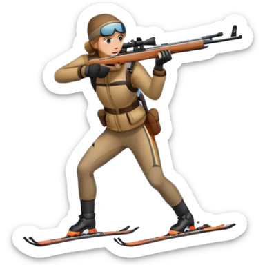 An icon showing a snowy landscape with pine trees, mountains and a clear sky with a biathlete aiming a rifle in the foreground, wearing winter gear and skis. Transparent background emphasizes the precision, endurance, and beauty of this winter sport. sticker
