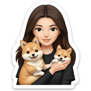 brunette Kendall Jenner with long hair holding on the hands a smile Shiba Inu wear on black shirt sticker
