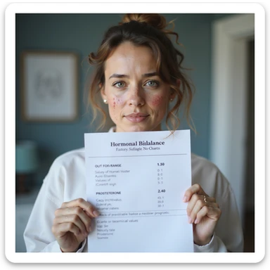 hyperrealistic 4K image of a woman with hormonal imbalance, face with acne, holding a medical report with out-of-range estrogen and progesterone values, clearly readable labels, clinical environment sticker