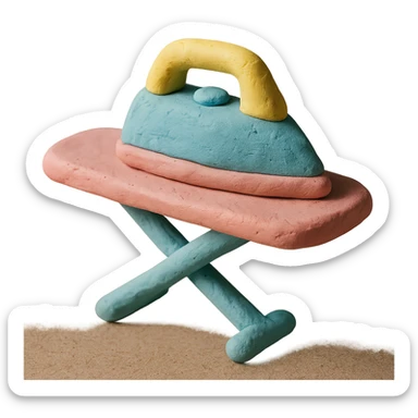 iron and ironing board in claymation style, pastel colors, visible fingerprints, soft matte finish sticker