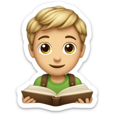 european boy seats with a book sticker