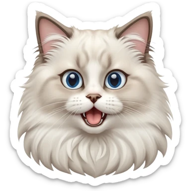 cinematic-adorable-big-eyed-fluffy-ragdoll-cat-portrait-emoji,-head-tilted-playfully-with-a-cute,-yawn,-white and grey fur,-simplified-yet-irresistibly-cute-features, blue eyes sticker