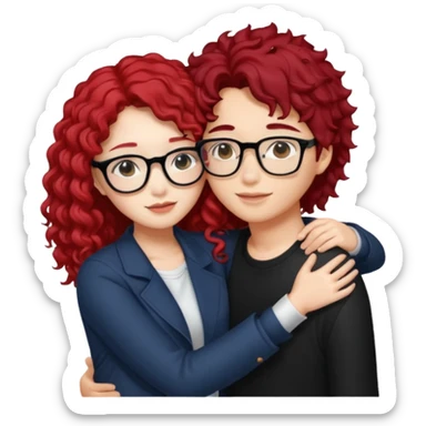 une star de Kpop asiatique avec les cheveux noir  qui fait un câlin a une fille qui a des lunette et des cheveux rouge et bouclé  sticker