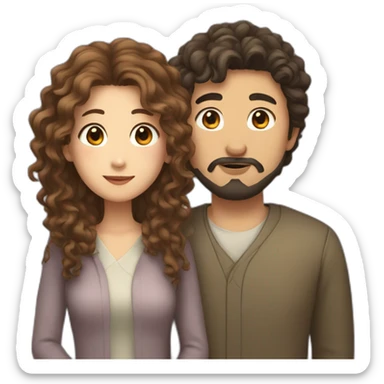 A white curly brown hair woman and a Japanese man with a little beard in love sticker
