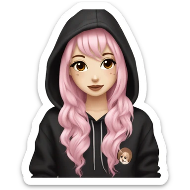 hime gyaru girl, tattoos, pale skin with medium brown and light pink hair, dark makeup, black hoodie sticker