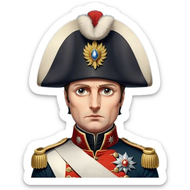 Cinematic Realistic Napoleon Bonaparte Portrait Emoji, depicted as a commanding military leader with a determined gaze and iconic bicorne hat, rendered with dramatic textures and bold historical lighting that captures his imperial legacy. sticker