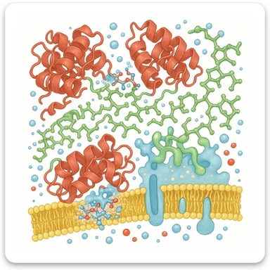 Ultra-realistic scientific illustration of enzymatic starch digestion at the cellular level, rendered in textbook-accurate detail. Show:

Multiple amylase enzyme molecules (red, with clear tertiary structure showing alpha-helices and beta-sheets) actively cleaving
Starch polymers (green amylose/amylopectin with accurate glucose unit linkages - α(1→4) and α(1→6) branches)
Cell membrane segment (yellow phospholipid bilayer with integral proteins and cholesterol molecules)
Reaction environment (blue water molecules, ionic interactions, pH-sensitive groups)
Molecular interactions (hydrogen bonds, substrate-enzyme transition state, electron cloud textures)
Technical Specifications:

Style: Nature Journal-quality structural biology visualization
Lighting: Cryo-EM-like isosurface rendering with subtle ambient occlusion
Perspective: 150,000x magnification view
Background: Pure white (#FFFFFF)
Accuracy: PDB-level structural correctness (reference 1SMD for amylase)
Exclusions: No labels, no cartoon simplifications
Special Details to Include:

Catalytic triad (Asp197, Glu233, Asp300) in amylase active site
Starch helix distortion during hydrolysis
Membrane protein channels for glucose transport sticker