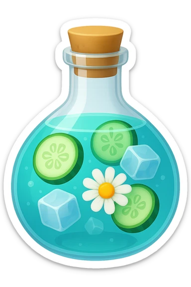 Edit the bottle in the same shape as the reference image. The liquid inside should be color #6fdef1. Inside the bottle, include more cucumber slices, ice cubes, and a chamomile flower. The style should resemble apple emoji style with concise and clean details. sticker
