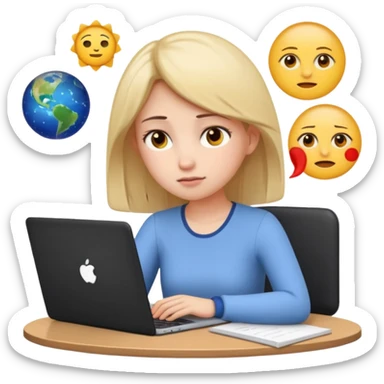 3D emoji style sticker, young woman, white background, slight exam stress, sitting with a laptop, IELTS practice test on the screen showing Overall 5.5, tired but determined expression, notebooks and papers around, soft lighting, minimal details, clean aesthetic, astrology style sticker