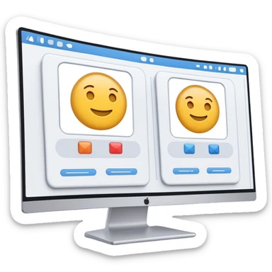 Create an emoji for UX/UI design. Show two large curved monitors side by side, displaying wireframe sketches or design mockups with interface elements like buttons, sliders, and icons. Use modern, professional colors. Do not include any emojis or smiley faces. Make the background transparent. sticker