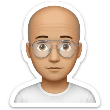 Light brown skinned Latino man with oval face, transparent aviator eyeglasses with thin metal frames, completely bald sides with extremely short dark curly hair only on crown, friendly neutral expression, casual black t-shirt sticker