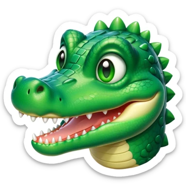 Cinematic Cute Crocodile Portrait Emoji, Head tilted playfully and inquisitively, featuring a smooth, glossy emerald-green hide with subtle textured scales and round, sparkling eyes filled with curious mischief, Simplified yet irresistibly adorable features, highly detailed, glowing with a warm, friendly glow, high shine, affectionate and surprisingly charming, stylized with a touch of wild whimsy, bright and endearing, soft glowing outline, capturing the essence of a mischievous yet lovable crocodile, so playful it feels like it could snap out of the screen into your arms! sticker
