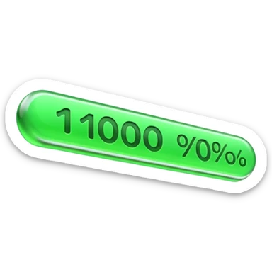 A 3D emoji of a horizontal progress bar filled 100% with bright green color, "100%" text floating above, sleek glass morphism style, professional UI design, white background. sticker