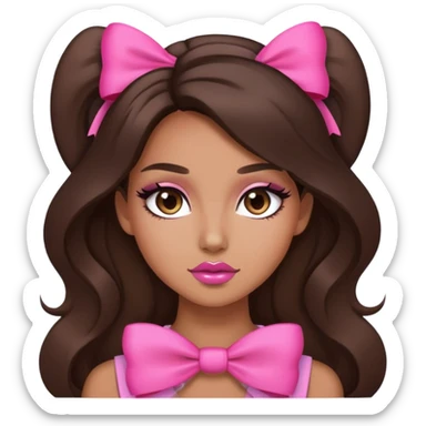tan skin, brunette, baddie, pretty makeup, long hair, pink bow sticker