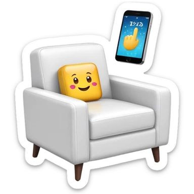 smartphone at an angle in foreground showing armchair product page on screen, with sparkle emoji sticking out on the left side sticker