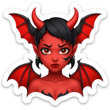 Demon girl: red skin, black hair, small horns, bat wing; tattoo-flash comic style; red/black palette; bold outlines; dark background; no text. sticker