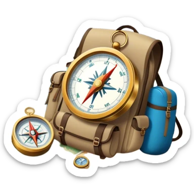 Icon for Expeditions: a compass, a map, and a backpack with trekking gear, set against a backdrop of snowy mountains, sand dunes, and tropical islands. The icon should represent the spirit of adventure and exploration in diverse landscapes. Transparent background. sticker