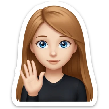 A girly girl with long eyelashes, very long light brown hair, blue eyes, with her palm up. with black undershirt sticker