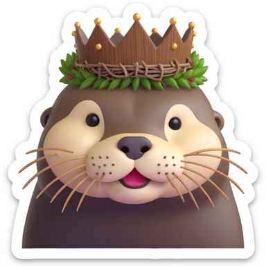 really cute confused otter face portrait with simple wooden thorny stem wrapped horizontally around its forehead like Jesus Crown of thorns, no metal, natural wood thorns, portrait painting style sticker