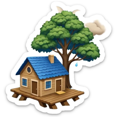 showing a flood disaster scene with powerful blue water waves carrying floating tree branches and wood pieces, small houses partially submerged, dark storm clouds above, heavy rain, realistic yet simple and clean emoji-style design sticker
