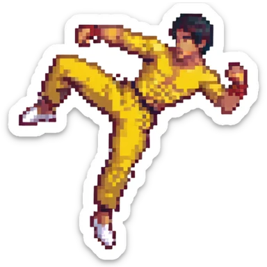 Bruce Lee in mid-air kick, pixel art style sticker