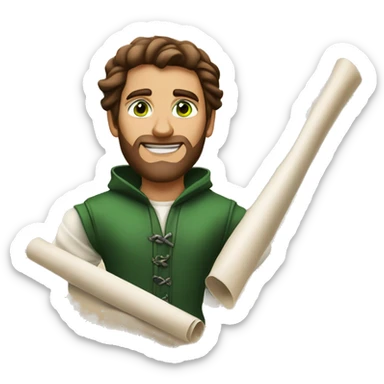 A light-skinned man with piercing green eyes, impeccably styled brown hair, and a confident demeanor holding the long white paper scroll sticker