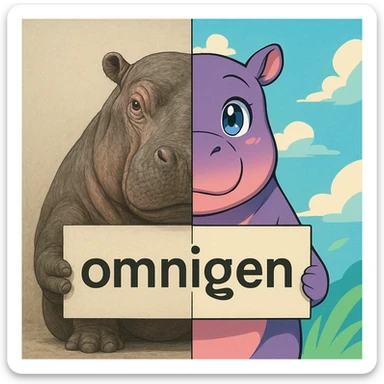 two hippo holding sign of omnigen, half picture 1 hippo is realistic another half is the anime of that same second hippo, with before after mark sticker