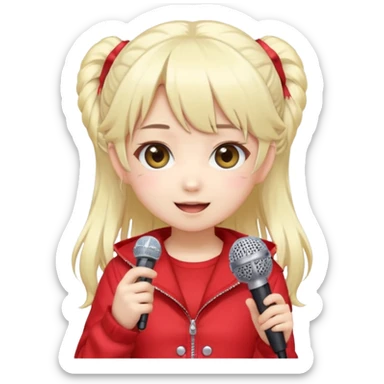 Cute kawaii emoji-style Japanese K-pop singer girl, long platinum blonde hair in twin tails, red outfit, holding a microphone, Japanese K-pop idol vibes, big sparkling eyes, chibi proportions, clean lineart, pastel colors, cheerful idol smile, sticker/emoji style, transparent background sticker