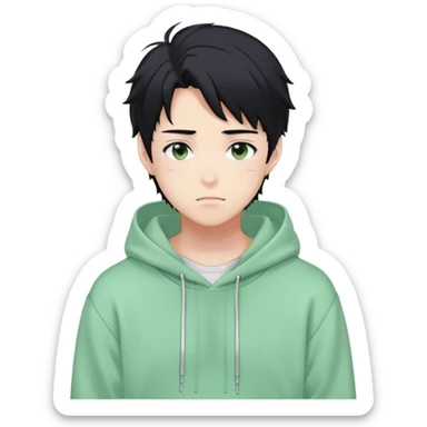 Gorgeous pastel green sweater black hair anime style shojo guy with blushing face and, hoodie, aesthetic, young adult, trending style, outside, vedal987 sticker