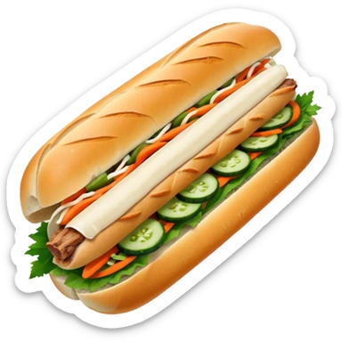 traditional banh mi with char grilled pork


    Very crusty baguette

    Mayo 

    Pickled carrot 

    Cucumber, coriander/cilantro, green onion, chilli 
 sticker