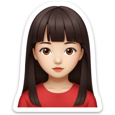 Korean girl, red top, black brown hair, brown eyes, long hair, cool girl, aesthetic, long hair, hime cut, blunt bangs sticker