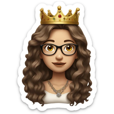 Hyperrealistic girl with long brown hair wearing a crown and glasses, arm tattoos sticker