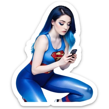 Very sad-Texting on phone-very very very large upper body-sexy face-bending forward at waist-very long very straight dark blue to light blue ombre hair-and-blue eyes-thick black eyeliner-thick long eyelashes-iridescent blue lowcut tanktop with black leggings with glitter superman logo sticker