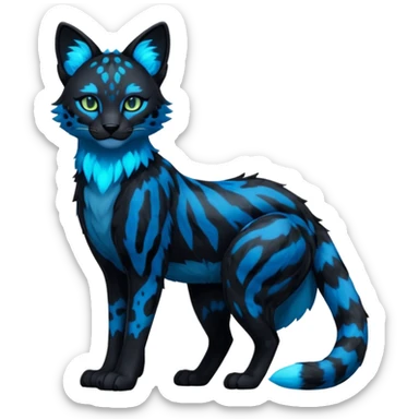 Realistic Obsidian-pitch-black fur body with neon-glowing-blue ring-markings Grem2-Gremz-serval-panther-Sergal-fusion, full body  sticker