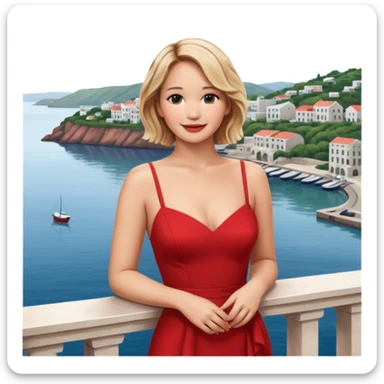 jennifer lawrence, closeup portrait , leaning on a balcony with a harbor and cityscape in the background, smiling, red dress  sticker