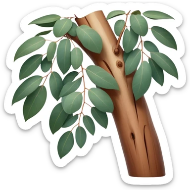 Cinematic Realistic Eucalyptus Emoji, Tall and graceful, with slender trunks covered in smooth, peeling bark and large, fragrant leaves. The eucalyptus trees sway gently in the breeze, releasing a calming aroma that fills the air. Soft glowing outline, capturing the essence of rugged beauty and natural serenity in a tall eucalyptus tree! sticker